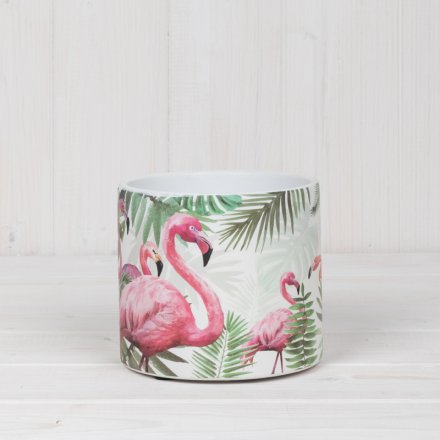 Compact ceramic pot painted with tropical flamingo design