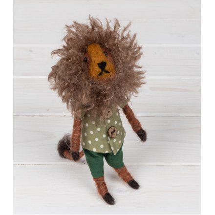 A wonderfully crafted felt lion figure with a bold green outfit and long mane.