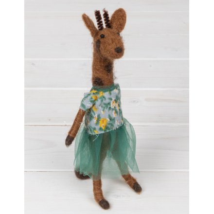 A wonderfully crafted felt giraffe figurine with a colourful top and tutu.
