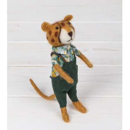 A wonderfully crafted and unique felt leopard figure complete with a colourful Hawaiian shirt and dungarees. 