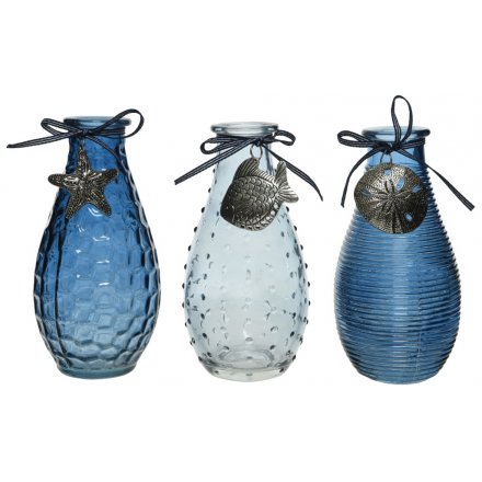 Blue Ridged Vases With Charms, 3asst 
