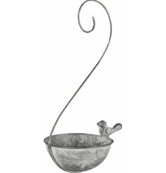 A charming and unique bird bath featuring a bird figurine. A rustic garden item with a grey washed finish.