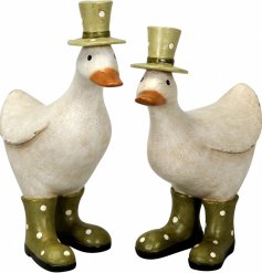 An assortment of 2 charming duck ornaments with rustic green polka dot hats and welly boots.