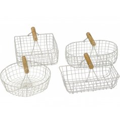 An assortment of 4 rustic metal baskets with wooden carry handles.