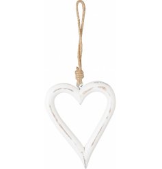 A small shabby chic heart with a painted white finish and rustic jute hanger.