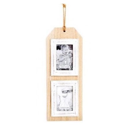 This Double Luggage Label Photo Frame can display 2 photos, measuring 10 x 15cm