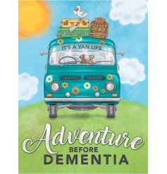 A cute and colourful metal sign featuring a Caravan decal and scripted text 