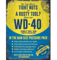   A distressed inspired metal sign featuring a comical WD-40 decal and scripted text 