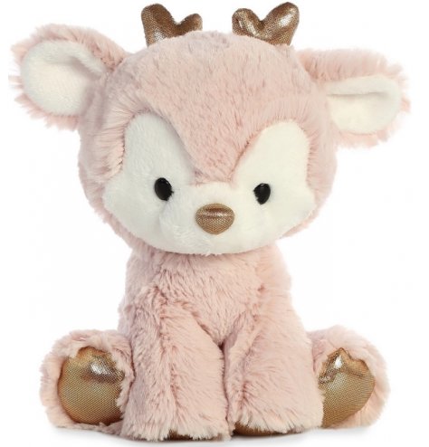 A cute and cuddly reindeer soft toy with pretty pink fur and sparkly golden accents 
