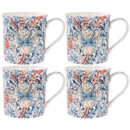 Gold and Blue Lily Set of 4 Mugs