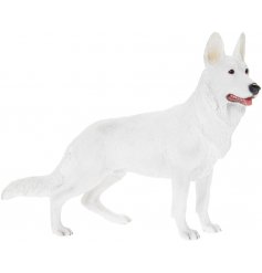 Appealing polyresin ornament of a white German Shepherd dog, giftboxed. Measures approx 20 x 8 x 17 cm high