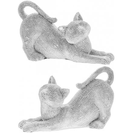 23 cm Diamonte Covered Stretched Cat Figures 