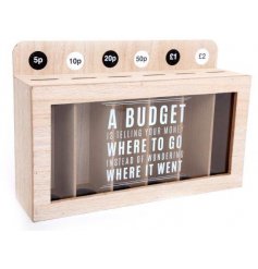 Wooden money box with coin sorting and viewing panel to keep track of savings
