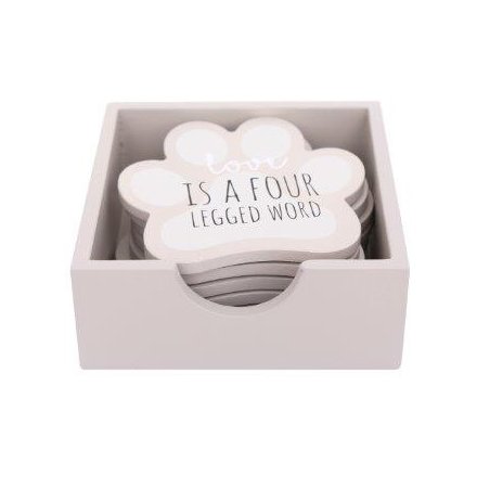 6 wooden dog paw print coasters in neat storage box, decorated with dog theme slogans