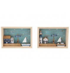 An assortment of 2 charming wooden beach scenes set within a box frame.