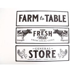 An assortment of 3 black and white rustic living metal signs with Farm slogans and animal illustrations.
