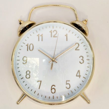 Whimsical wall clock styled to resemble an old fashioned alarm clock. Approx size 38 cm