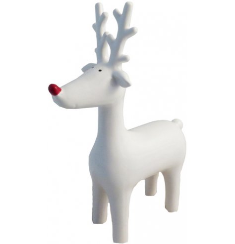 A contemporary ceramic reindeer ornament with a red nose and tall antlers.