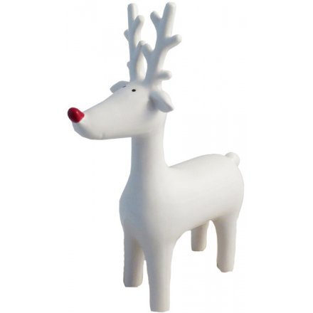 A cute little white ceramic reindeer with a festive red nose 