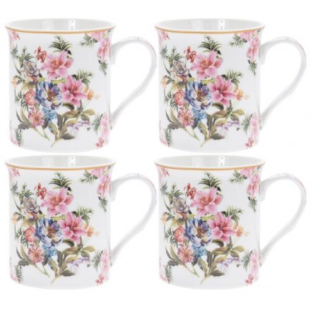 Set of 4 Lily Rose Fine China Mugs 