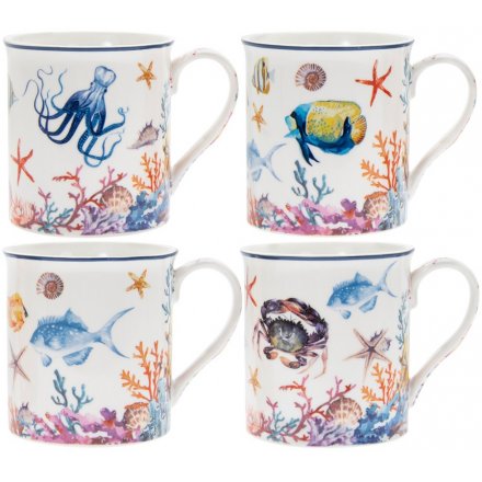 Colourful Sea Life Mugs, Set of 4 