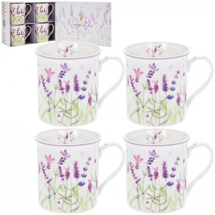 Purple Lavender Set Of 4 China Mugs