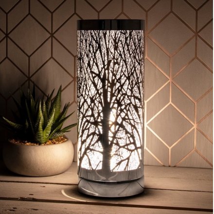 An elegant desire aroma lamp with a woodland design in silver. This lamp is touch operated with 3 brightness levels.