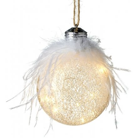 Iridescent glass bauble with feathers and LED illuminations