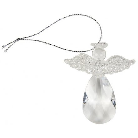 Silver Glitter Crystal Angel Hanging Ornament, 8cm