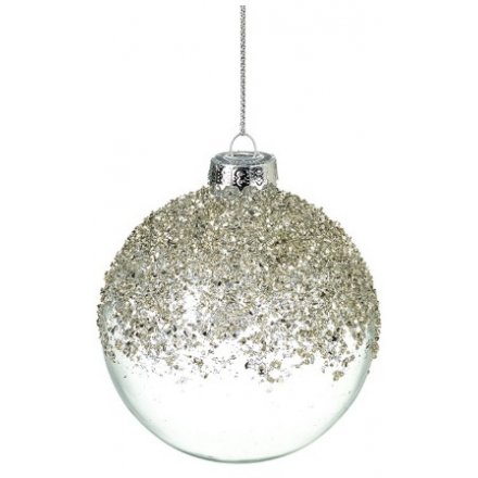 Clear Glass Bauble with Silver Foil Frosting 8 cm