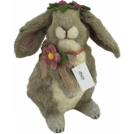 Large Fuzzy Bunny With Floral Accents 27cm