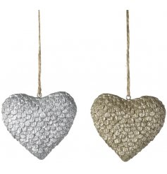Polyresin feather effect hanging heart ornament in either silver or gold