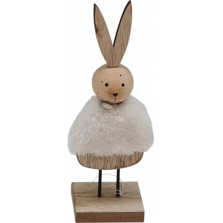 20 cm Natural Wooden Bunny with Fur Coat 