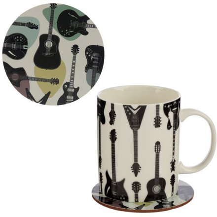 Headstock Guitar 10 cm Coaster & 9 cm Bone China Mug Gift Set