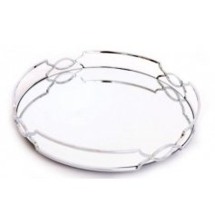 Measuring approx 29 x 4 cm, this elegantly decorated round mirrored tray  has a beautiful art deco style