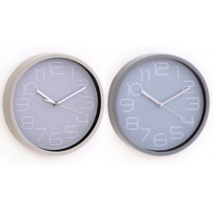 Modern style wall clock in shades of grey with neon-style numbers. Measures approx 20 cm