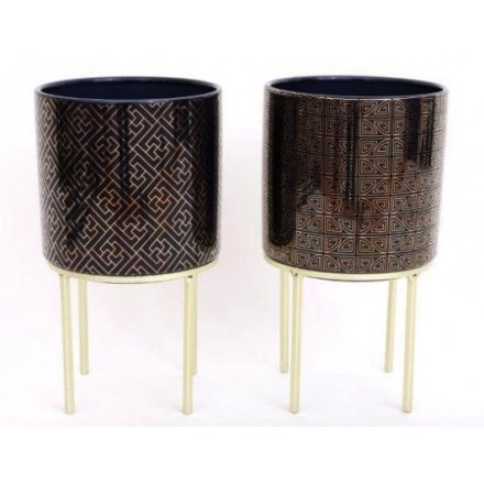 Ceramic plant pot in royal blue or purple with gold geometric embellishment & gold metal legs. Approx 21.5 cm high