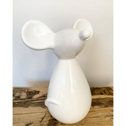 Large Stylised White Ceramic Mouse 18 cm