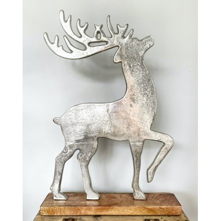 Attractive aluminium reindeer figure on wooden base, extra large = approx 52 cm high