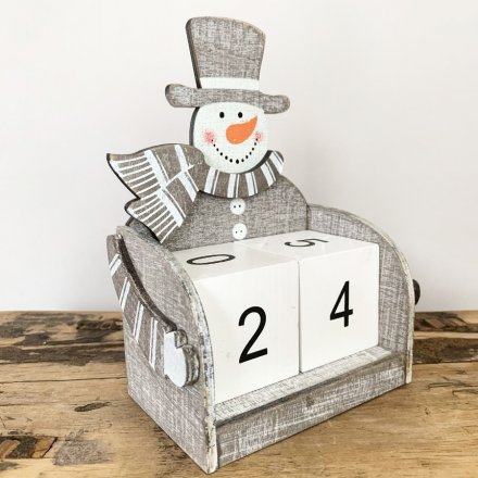 16 cm Wooden block advent calendar with Snowman theme in contemporary nordic grey. 