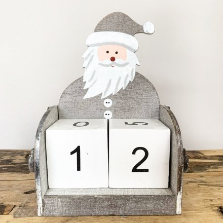 16 cm Wooden block advent calendar with Father Christmas theme in contemporary nordic grey. 