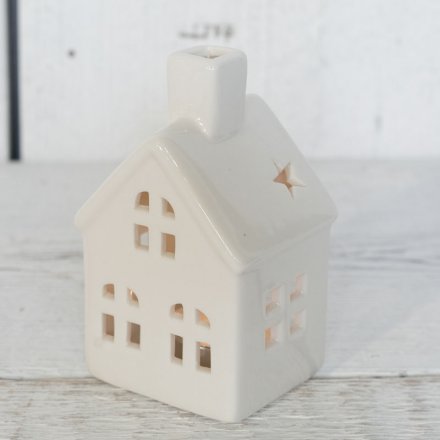 Small White Ceramic Cottage Tealight Holder 11 cm