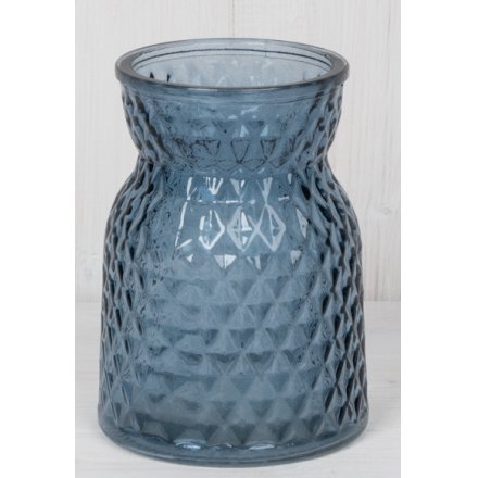Stylish blue glass posy vase embossed with repeating diamond pattern, measures approx 13 cm tall