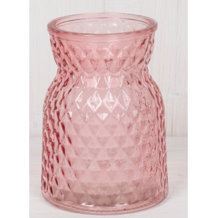 Cute pink glass posy vase embossed with repeating diamond pattern, measures approx 13 cm tall