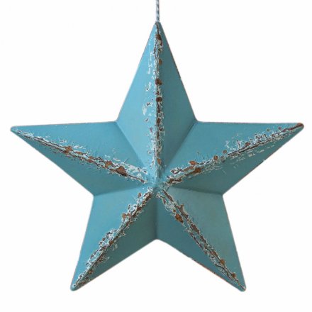 Rustic distressed blue barn star measures approx 31 cm