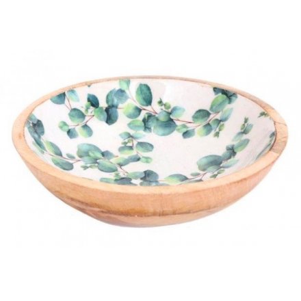 Thick cut wooden bowl, embellished with Eucalyptus print design. Large size, approx 30 cm