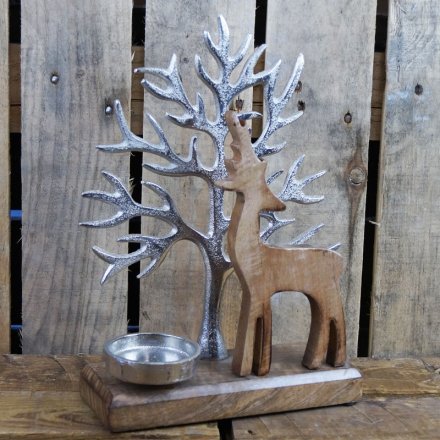 Aluminium & Wood Reindeer Tealight Holder 29 cm