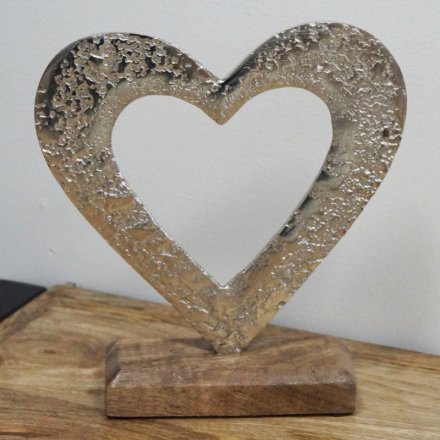 19.5 cm Large Heart Ornament Textured Aluminium on Wooden Base