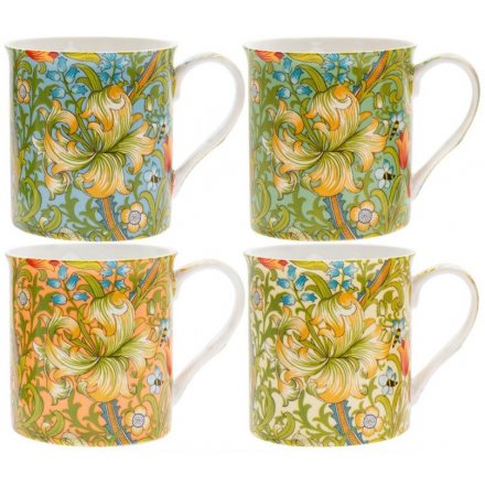 A set of 4 fine quality mugs with a colourful Golden Lily print. Complete with picture gift box.