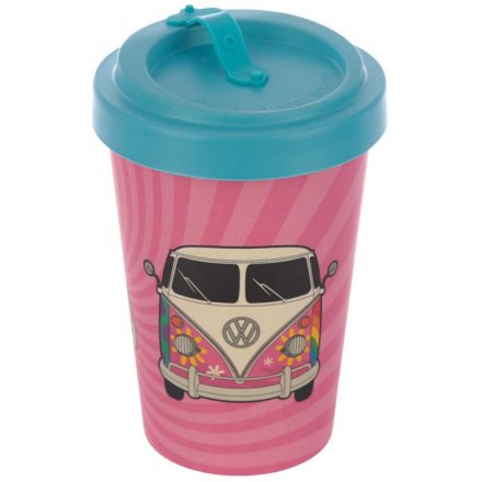  An eco friendly bamboo travel mug with a retro campervan printed decal around it and additional bamboo cap lid 